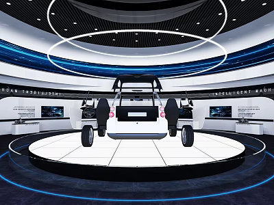 Modern Exhibition Hall With Central Vehicle Display Circular Lighting And Screens 3d model