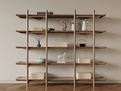 Wooden Etagere Shelf With Multi Tier Design Displaying Books Vases Figurines And Storage Boxes 3d model