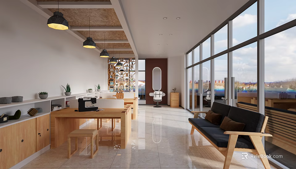 Modern Open Space Interior With Wooden Table Stools Black Sofa Large Windows And Pendant Lights 3d model 