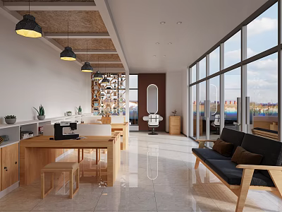 Modern Open Space Interior With Wooden Table Stools Black Sofa Large Windows And Pendant Lights 3d model