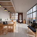 Modern Open Space Interior With Wooden Table Stools Black Sofa Large Windows And Pendant Lights