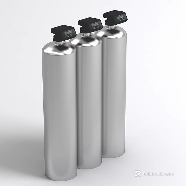 Three Industrial Gas Cylinders With Stainless Steel Body And Top Pressure Gauges 3d model 