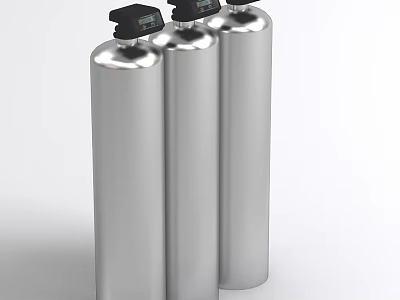 Three Industrial Gas Cylinders With Stainless Steel Body And Top Pressure Gauges 3d model