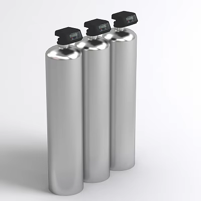 Three Industrial Gas Cylinders With Stainless Steel Body And Top Pressure Gauges 3d model