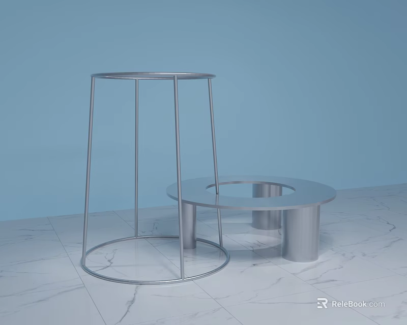 Circular Silver Display Shelves Two Tall And Short On Light Blue Background With Marble Floor 3d model 