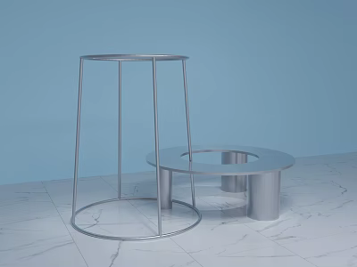 Circular Silver Display Shelves Two Tall And Short On Light Blue Background With Marble Floor 3d model