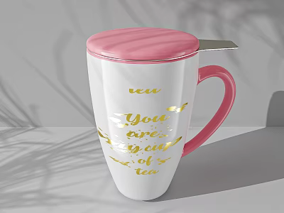 White Mug With Pink Lid And Golden You Are My Cup Of Tea Lettering 3d model