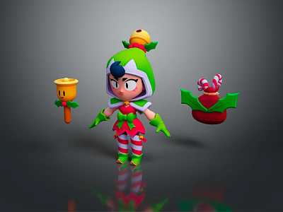 Christmas Themed Cartoon Character With Bell Candy Cane And Holly Decorations 3d model