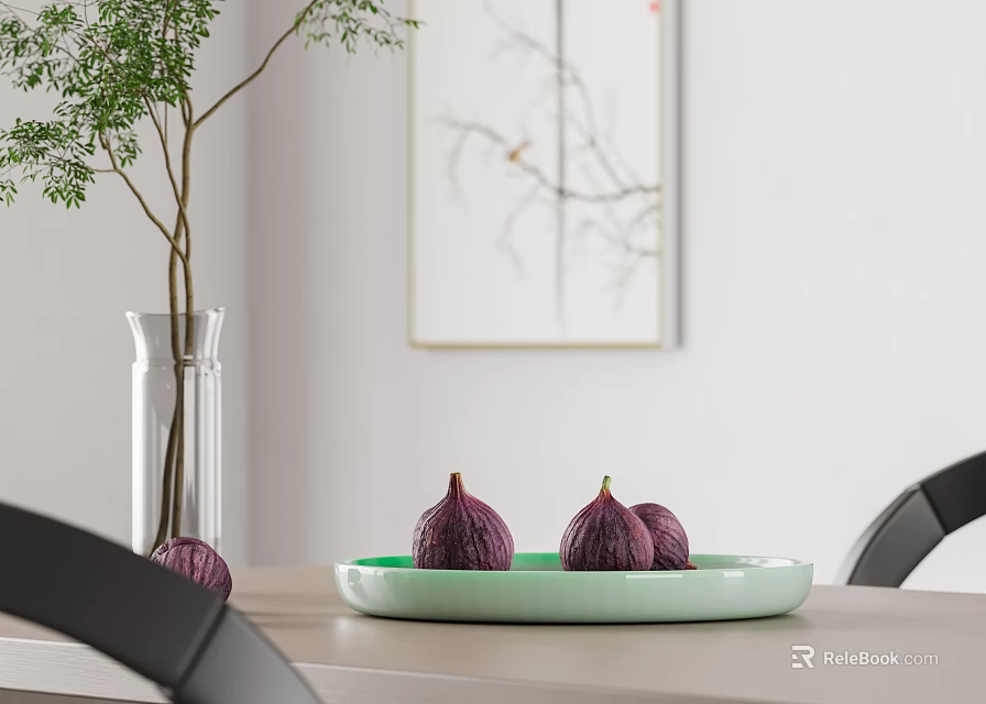 Green Ceramic Plate With Fresh Figs On Dining Table Near Transparent Vase And Decorative Painting 3d model 