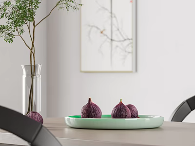 Green Ceramic Plate With Fresh Figs On Dining Table Near Transparent Vase And Decorative Painting 3d model