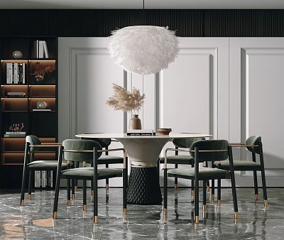 Modern Luxury Restaurant Featuring Round Dining Table Green Chairs White Feather Pendant Light Marble Floor 3d model