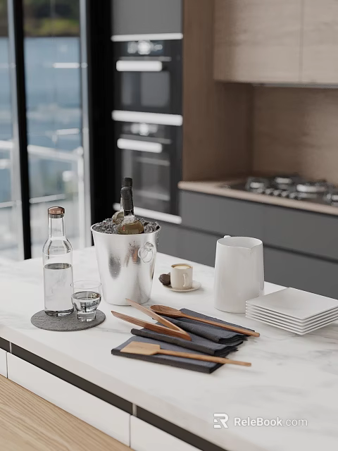 Modern Open Kitchen Interior With Wine Bucket Bottles Glasses And Plates 3d model