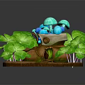 Cartoon Scene with Blue Mushrooms Green Clover Leaves and Small Water Stream on Brown Base