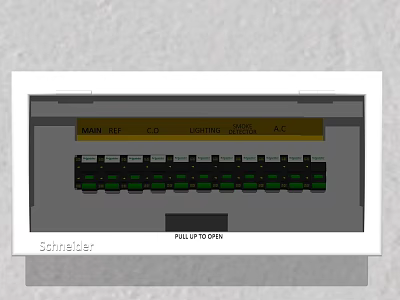 Schneider Main DB Switch Panel With Lighting Socket Green Switches And Pull Up To Open 3d model