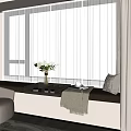 Modern Bay Window Cabinet With Curtains Armchair Pillow And Flower Vase