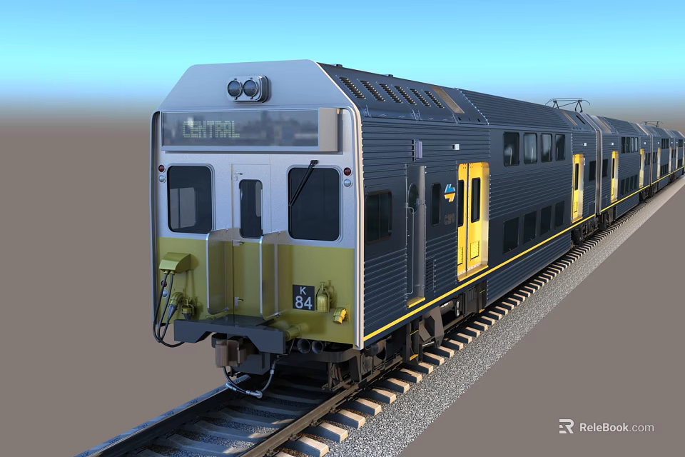 Yellow and Gray Train Locomotive With Number 24 Black Windows on Railway Track 3d model 