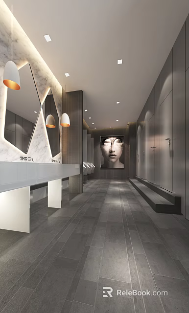 Modern Public Restroom Interior With Marble Countertop Mirrors Art Portrait And Gray Tiled Floor 3d model 