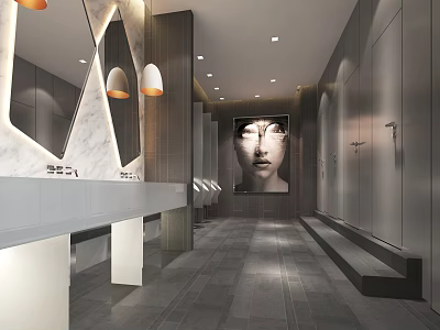 Modern Public Restroom Interior With Marble Countertop Mirrors Art Portrait And Gray Tiled Floor 3d model