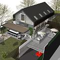 Modern Guesthouse Building With Large Windows Outdoor Terrace Surrounding Greenery And Parking Area