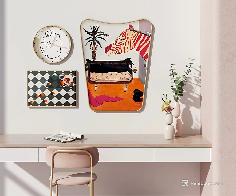 Stylish Interior Decor With Wall Art Desk Chair Plant And Magazine 3d model 