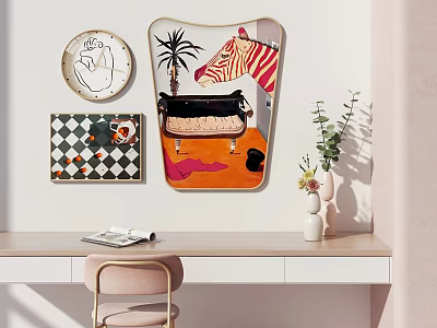 Stylish Interior Decor With Wall Art Desk Chair Plant And Magazine 3d model