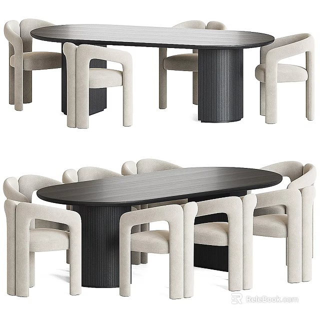 Modern Minimalist Dark Wood Dining Table Set With Light Upholstered Chairs 3d model 