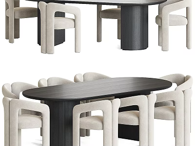 Modern Minimalist Dark Wood Dining Table Set With Light Upholstered Chairs 3d model