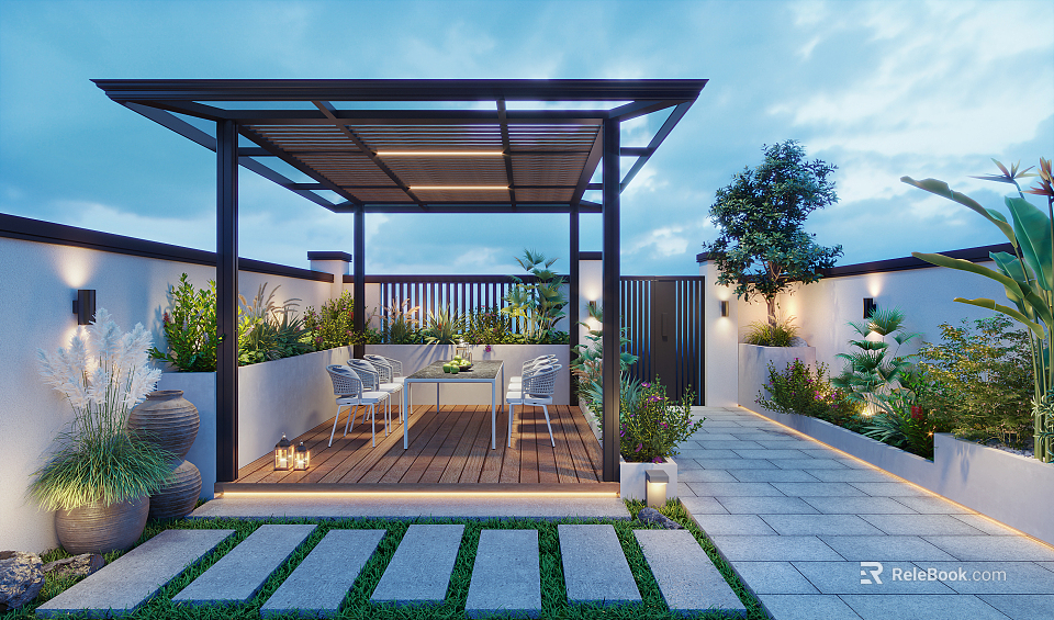 Modern Courtyard Garden With Pergola Wooden Deck And Plants 3d model 