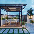 Modern Courtyard Garden With Pergola Wooden Deck And Plants