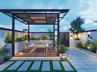 Modern Courtyard Garden With Pergola Wooden Deck And Plants 3d model