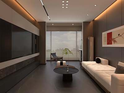 Modern Open Living Dining Room With White Sofa Black Coffee Table TV Wall And Blinds 3d model