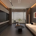 Modern Open Living Dining Room With White Sofa Black Coffee Table TV Wall And Blinds