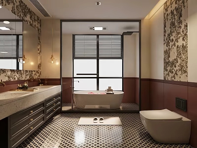 Elegant Retro Bathroom Design With Freestanding Bathtub Patterned Tile Floor And Functional Double Wash Vanity 3d model