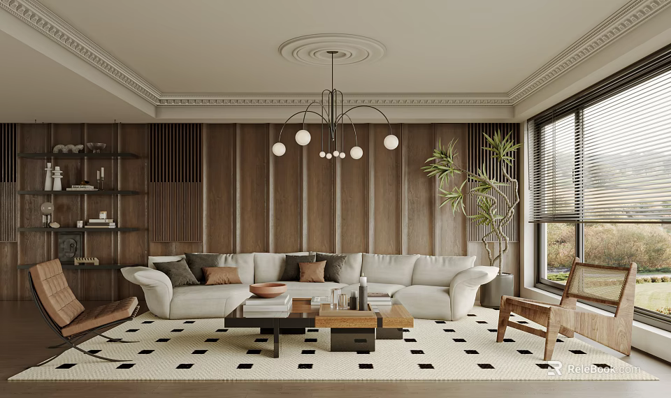 Modern Living Room with Wooden Walls White Sofa Throw Pillows Coffee Table and Chandelier 3d model 