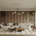 Modern Living Room with Wooden Walls White Sofa Throw Pillows Coffee Table and Chandelier
