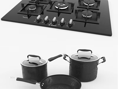 Black Kitchen Cookware Set Featuring Gas Stove Burners Lidded Pots And Frying Pan 3d model