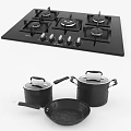 Black Kitchen Cookware Set Featuring Gas Stove Burners Lidded Pots And Frying Pan