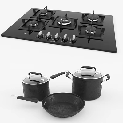 Black Kitchen Cookware Set Featuring Gas Stove Burners Lidded Pots And Frying Pan 3d model