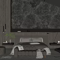 Modern Bedroom Interior Design With Stone Accent Wall Tufted Bed And Floor To Ceiling Windows