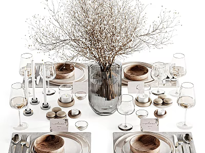 Elegant Dinnerware Set With Wooden Plates Glassware Floral Centerpiece Candle Holders And Silverware 3d model