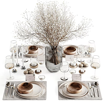 Elegant Dinnerware Set With Wooden Plates Glassware Floral Centerpiece Candle Holders And Silverware 3d model