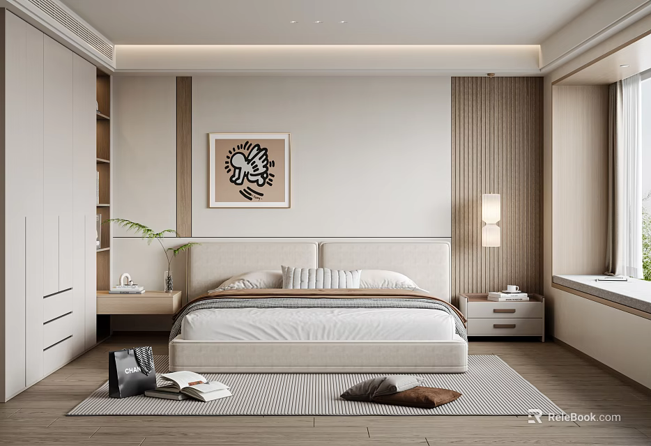 Modern Minimalist Bedroom With Padded Headboard Decorative Bird Painting Nightstands Table Lamp And Wooden Wardrobe 3d model 