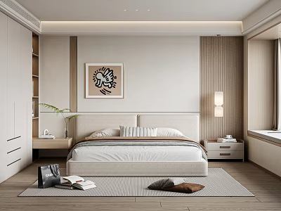 Modern Minimalist Bedroom With Padded Headboard Decorative Bird Painting Nightstands Table Lamp And Wooden Wardrobe 3d model