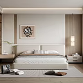 Modern Minimalist Bedroom With Padded Headboard Decorative Bird Painting Nightstands Table Lamp And Wooden Wardrobe