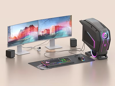 High Performance Gaming PC Setup Featuring Dual Monitors RGB Case Backlit Keyboard Mouse and Speakers 3d model