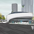 Modern Urban Public Space Featuring Curved Walkways Greenery Trees And Seating Areas