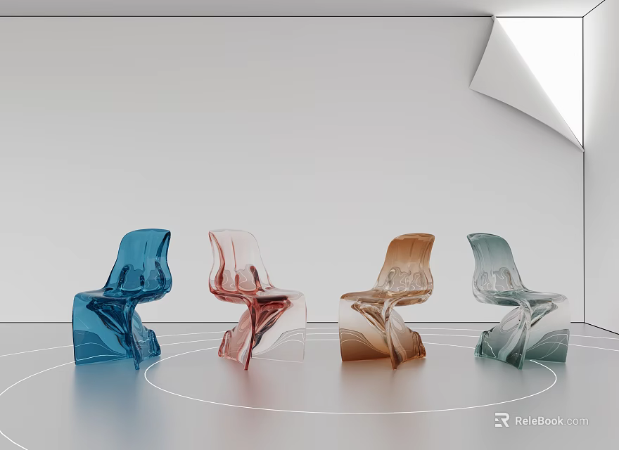 Transparent Chairs in Various Colors with Unique Design in White Background with Circular Floor Lines 3d model 