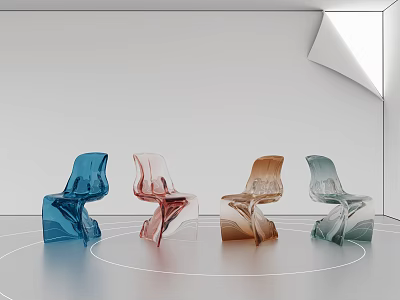 Transparent Chairs in Various Colors with Unique Design in White Background with Circular Floor Lines 3d model