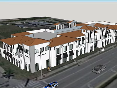 Modern Commercial Complex With White Buildings Red Roofs And Retail Spaces 3d model