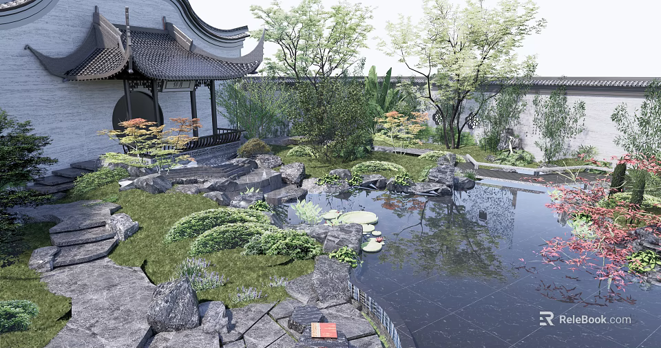 Chinese Courtyard Garden With Traditional Pavilion Pond Water Lilies Rocks And Greenery 3d model 
